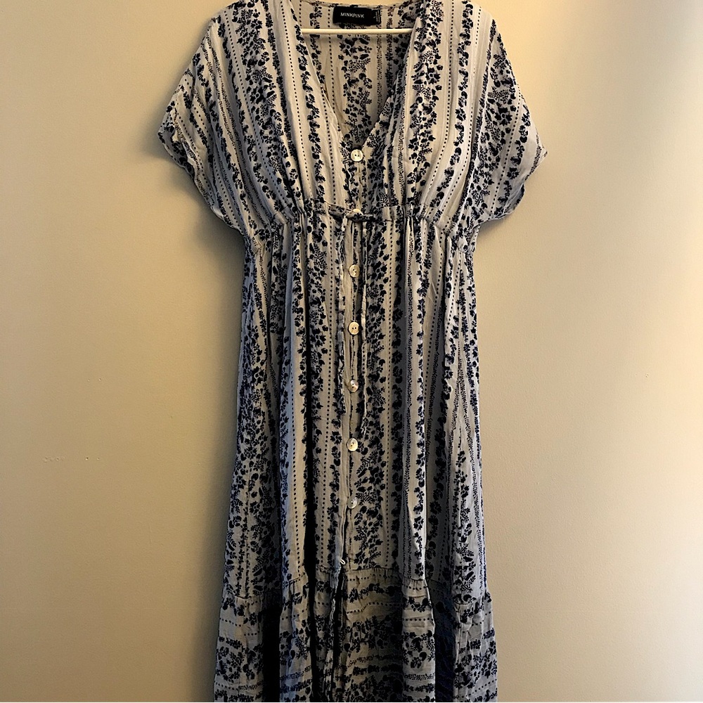 MINKPINK floral midi dress in blue, size L
